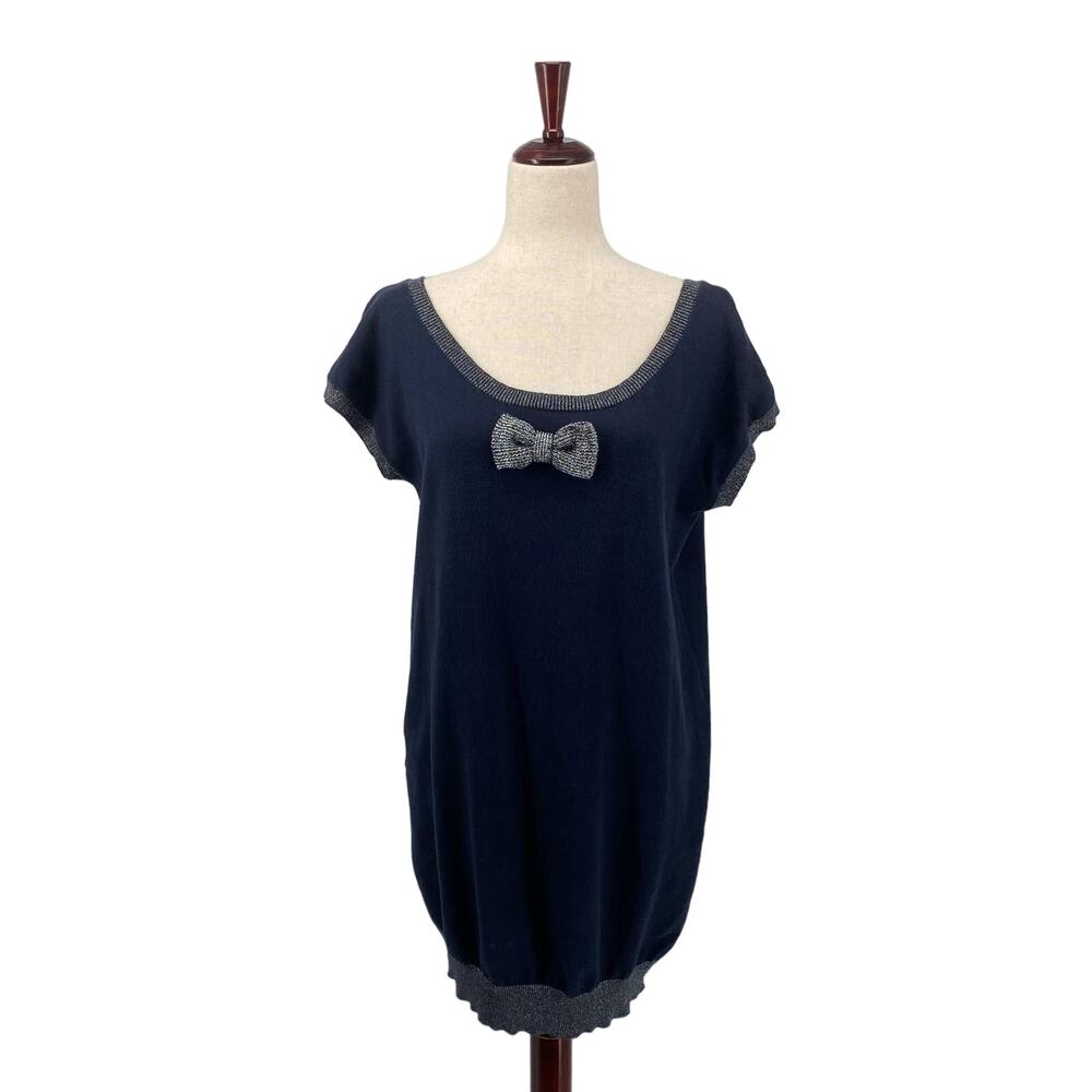 Paul & Joe Sister M Scoop Neck Short Sleeve Tunic Mini Sweater Dress Bow Blue